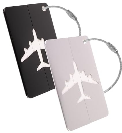 Kofferanhänger mit Adressschild, 2 Pack, Schwarz + Silber, Aluminium Schild, für Flugreise, Kreuzfahrt, Metallgepäckanhänger, Namensschild Koffer, Adressanhänger, Taschenanhänger, ID Etikett Aufhänger