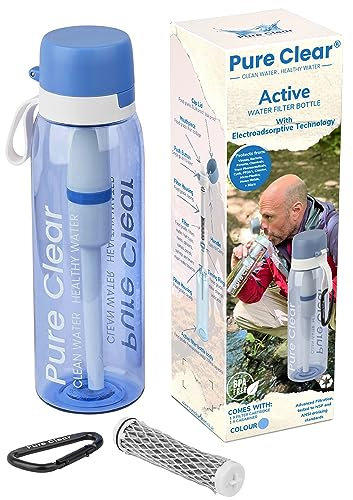 Pure Clear Filter Water Bottle - 769ml - Water Filter Bottle with Electro-Adsorptive Tech to Remove Viruses, Bacteria, Parasites & More - Filtered Water Bottle For Travelling, Gym & Outdoors - Blue