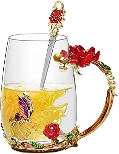 Biigming Enamel Glas Kaffeetassen Teetasse mit Schmetterling Blumen mit Schöne Stahllöffel Geschenke für Mama y Freundin zum Geburtstag (Rote Rose-350ml)
