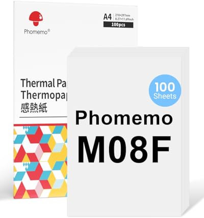 Phomemo M08F A4 Thermopapier Kompatibel für Phomemo M08F M832 M832D M833 M834 Q302 Mobiler Drucker und andere tragbare A4 Thermodrucker, M08F Druckerpapier, 210x297mm, 100 Blatt