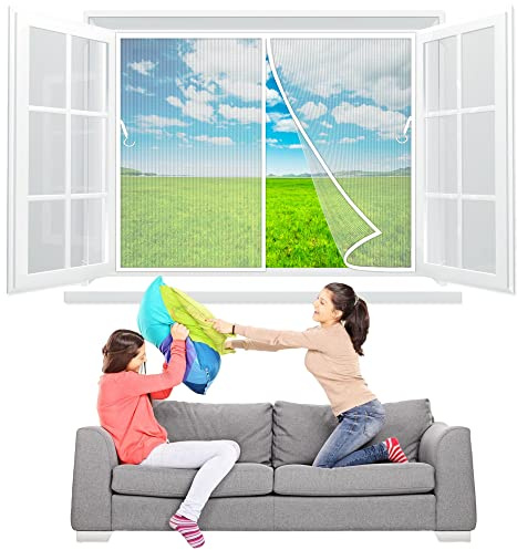 Insect Windows Screen 120x85 cm Bug Mesh Curtain with Powerful Magnets & Full Frame Magic Tape, Insect Protection Windows Hands Free White Z