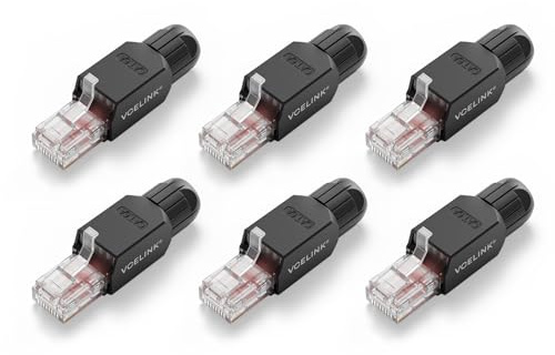 VCELINK RJ45 Stecker Werkzeuglos Cat7 Lan Stecker Werkzeugfreie Vergoldete | Vergoldeter Netzwerkstecker Wiederverwendbar, Kompatibel mit Router, Switch, Glasfaser-Modem und PC, schwarz, 6 Stück