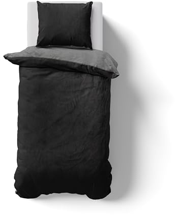 Hometex Premium Textiles Kuschelige Teddy Cashmere-Touch Bettwäsche, Warme Winter Wendebettwäsche, Flauschige Mikrofaser 180 GSM - Grau/Schwarz 155x220 + 80x80 cm