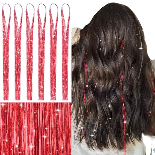 Wennalife Hair Tinsel, Rot 120CM Haar Lametta 1200 Glitzer Haarsträhnen Kit Glitzersträhnen für Haare Festival Party Haar Glitzer Tinsel Hair Fairy Hair für Mädchen