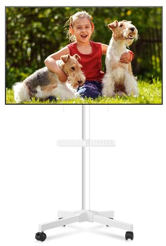 XINLEI Mobile TV Stand on Wheels with Extra Large Shelf, Portable TV Trolley for 21-60 inch Flat Curved TVs up to 35kg, Height Adjustable Tall Rolling TV Stand on Casters, Max VESA 400x400mm White