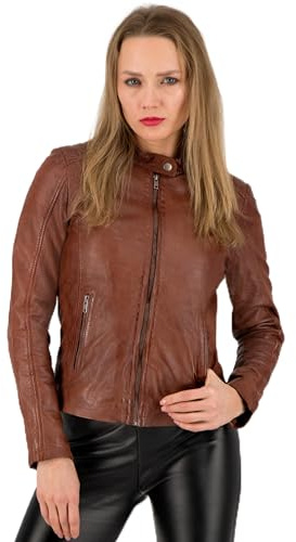 URBAN 5884 Giacca in Pelle da Donna GIGI, Giubbino in Pelle da Donna Morbido e Aderente, Lavorazione Artigianale, Cognac, L