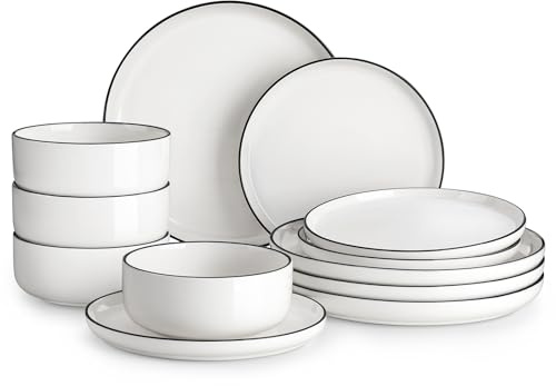 MALACASA Plates and Bowls Sets, 12 Pieces Modern Porcelain Dinnerware Set for 4 White Kitchen Dinner Dining Ware Set wtih Black Rim Ceramic Dishware Dishes Microwave and Dishwasher Safe, Series LUNA