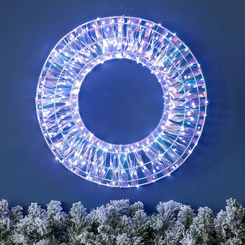 CHRISTOW Iridescent Light Up Christmas Wreath, 38cm, White Micro LEDs | Iridescent Glow Effect, 300 Micro LEDs, Mains Powered with 5m Cable, Front Door Decoration, Indoor & Sheltered Outdoor Use