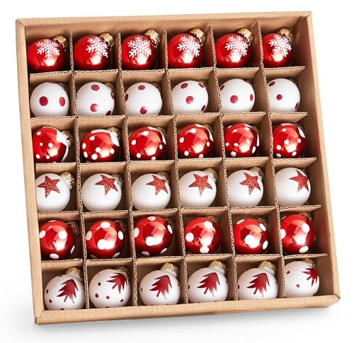 JOIEDOMI 36-teiliges Mini-Weihnachtskugel-Ornament-Set, metallische Glaskugeln mit Glitzerdrucken und Seilaufhängern, hängende Miniatur-Ornamente für den Weihnachtsbaum (rot und weiß)