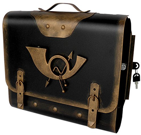 Stelling® Briefkasten POSTHORN 3 Antik-Vintage-Look, Schultasche, Ranzen, Wandbriefkasten, Zeitungsfach, Handarbeit, Retro, Kupfer, Messing, Bronze, Metall (Gold, Entnahme Rechts)