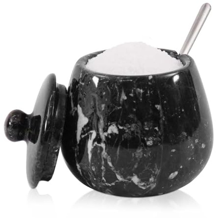 Marble Salt Cellar With Lid 3.5 Inches Black Handmade Salt Container For Countertop, Ideal Spice Jar, Salt Holder and Salt Bowl For Kitchen Counter Decor