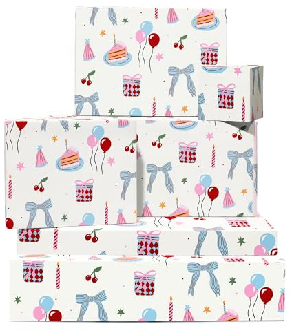 Geschenkpapier Geburtstag für Frauen – umweltfreundlich – 6 Bögen hübsches Geschenkpapier für Sie – Kuchen, Kirsche, Schleife, Luftballon – mit Aufklebern – von Central 23