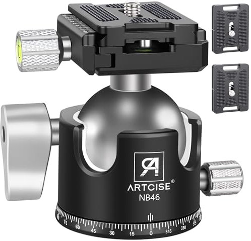 ARTCISE Tête de trépied à profil bas - Tête de trépied en métal - Charge de 20 kg - Avec trois plaques de dégagement rapide Arca Swiss pour trépied, monopode, appareil photo reflex numérique