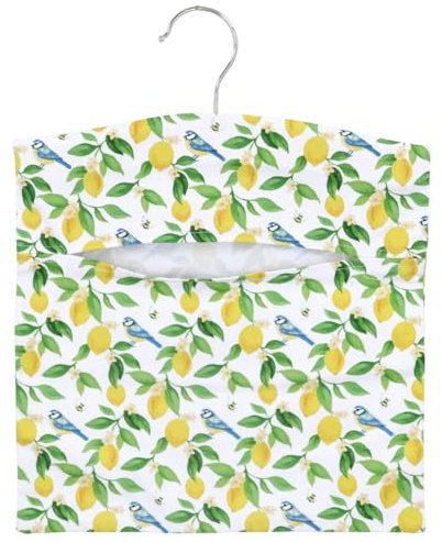 Gisela Graham Lemon & Blue Tit Peg Bag – Hanging Clothes Peg Storage with Hook – Laundry Peg Holder with Bright Lemon Print, Birds & Bees Design
