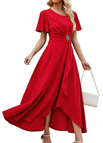 QMZ Wedding Guest Dresses for Women Have Pockets Cocktail Dress Ruffle Sleeve A Line Evening Party Formal Dresses for Women-Bright red-L