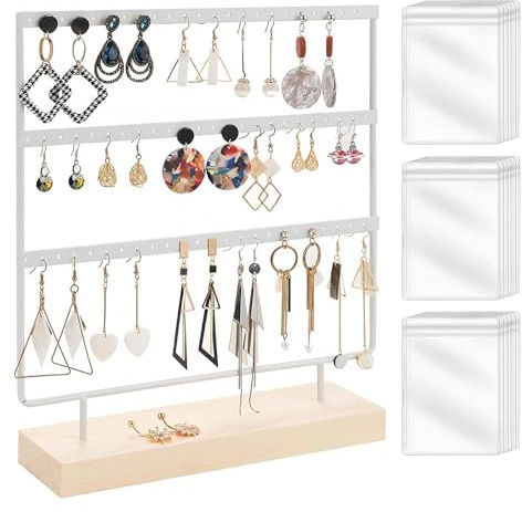VAIGU:OA Schmuckständer Ohrringhalter - 3 Etagen 69 Löcher Ohrringhalter mit Holzsockel und 20 Schmuckbeutel, Ohrringständer Display Ständer für Hängende Ohrringe, Armband, Halskette(Weiß)
