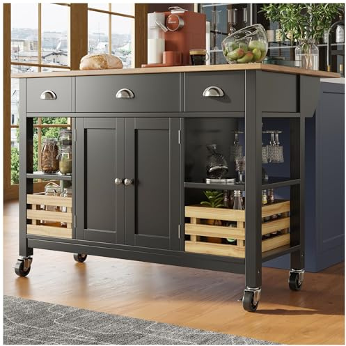 Wyibwy Isola da cucina moderna,120x73x90 cm,tavolo da pranzo multifunzionale con cestino in legno di pino,armadio,carrello per sala da pranzo,madia,credenza cucina,Nero