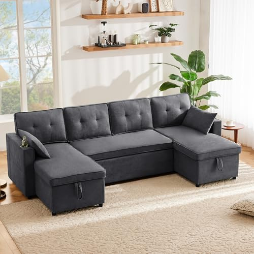 Laxnb Sofa mit Schlaffunktion, Sofa Couch 4 Sitzer, Schlafsofa Ecksofa U-Form Loungesessel mit Stauraum, Schlafcouch mit Getränkehalter, Sofa Bed Polstermöbel, Baumwoll- und Leinenstoffe Grau