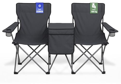 Stagecaptain Doppel Campingstuhl faltbar leicht - Camping Klappstuhl mit Kühlfach - Outdoor Stuhl klappbar - Für Festival, Strand, Garten - Pro Sitz 180 kg Belastbar - Faltstuhl inklusive Tragetasche