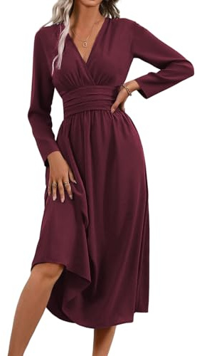 LIAMERHE Robe Hiver/Été Femme Élégante Col en V Manches Longues/Courtes Robes Casual Solide Taille Haute Ligne A Robe Longue Robe de Mariage Décontractée