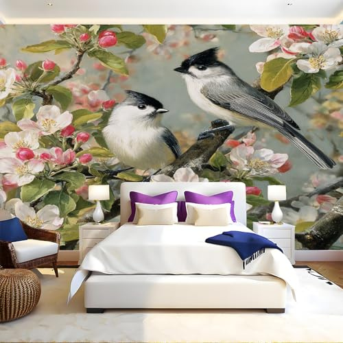 Verde Carta da Parati Fiori, fiori di pesco e uccelli Fotografica 3D Effetto 400x280 cm TNT Murale Decor da Muro Soggiorno Camera da Letto Sala Cucina Camera dei Bambini