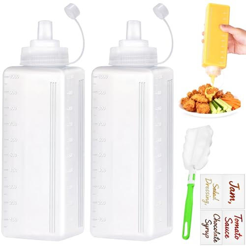 qjuwhua 1000ml Plastic Squeeze Bottles with Nozzles 2 Pieces Square Sauce Bottle Food Grade Squirty Condiment Bottle with Brush and Label for Sauces Ketchup Olive Oil Salad Dispenser