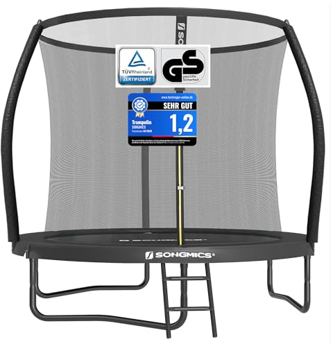 SONGMICS Trampolin 244 cm d, Gartentrampolin für Kinder mit Sicherheitsnetz, 180 cm hohe Gebogene Stangen, Randabdeckung, Leiter, Stahlrahmen, schwarz STR082BZ01