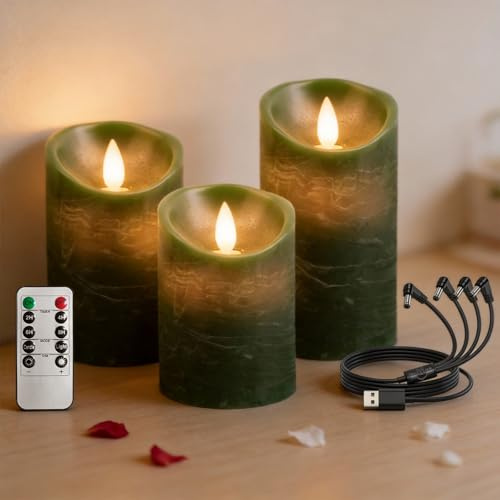 RosMank Set di 3 candele LED con telecomando a 10 pulsanti, senza fiamma, in vera cera, con fiamma tremolante, decorazione per Natale, compleanno, matrimonio e festa, Verde