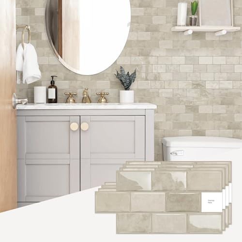 10 Sheets Marble Effect Tile Stickers, Peel and Stick on Tiles for Kitchen Bathroom, Vinyl Wall Self Adhesive Tile Decals Covers Waterproof (Cream)
