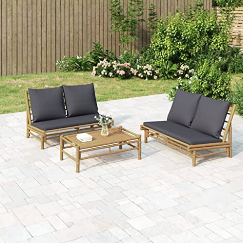 LoogCape Gartenbank mit Dunkelgrauen Kissen, Bambus Natur, 115x85,5x73,5 cm, für Terrasse & Außenbereich, Robustes Outdoor Möbel Set