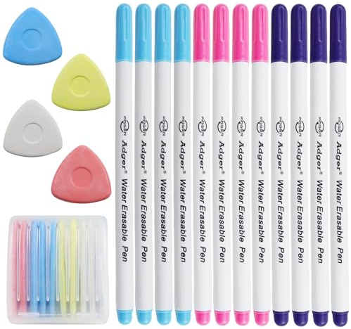 DRADERCH Set 22 Gessetti per Sarti & Pennarelli per Stoffa – 12 Pennarelli Solubili in Acqua & 10 Gessetti da Sarto con Scatola – Pennarelli per Cucito, Quilting & Fai da Te, 4 Colori