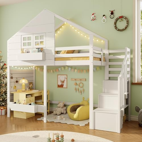 MOBETTRES Etagenbett, Hochbett, Kinderbett 90x200cm mit Rausfallschutz und Stauraumtreppe, Jugendbett, mit Fenster, Massivholz, weiß