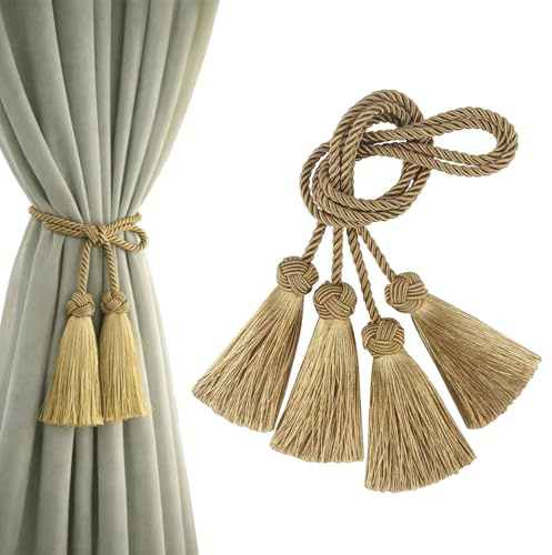 GuBaoZhuo 2 Stück Vorhang Raffhalter, Raffhalter für Vorhänge Elegante Dekorative, Vorhang Halter Handgefertigt Quaste für Fenstervorhänge Haus Zuhause und Büro(Gold)