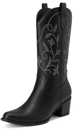 DREAM PAIRS Women's Western Mid Calf Boots Cowboy,Black,8.5 | Square Toe Chunky Embroidered Boots, Suitable for Music Festivals and Everyday Outfits, Slip on Fashion Booties
