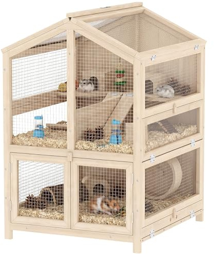 PawHut Jaula para Hámster de Madera de 3 Niveles 68x61,5x90 cm Natural | Casa para Hámster de Madera con Bebederos, Casetas, Balancines, Rampas, Bandeja Extraíble, Tapas Abatibles