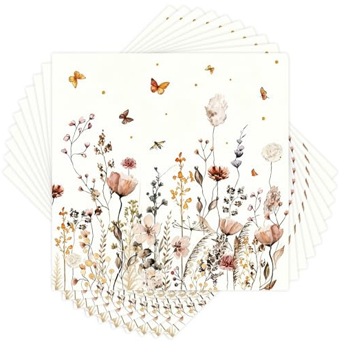 60 Stück Servietten Blumen mit Schmetterling, Papierservietten Wildblume Saugfähige Einweg Napkins für Geburtstag, Hochzeit, Gartenparty & Kommunion