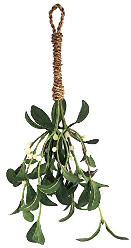 Artificial Silk Green Mistletoe with white berries and has a natural jute cord hanger for easy display. Size: 10 long