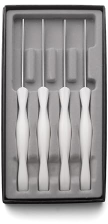 CUTCO #1865 set of 4 White (Pearl) Model 1759 Table Knives, each in a factory sealed plastic bag, inside attractive blue CUTCO box..............3.8 Double-D serrated 440A High-Carbon, Stainless