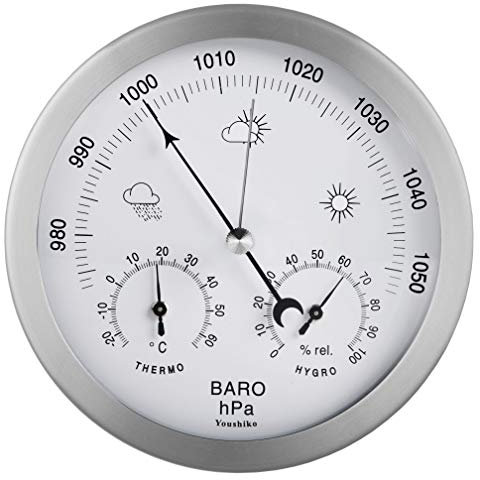 Youshiko 3 in 1 (Latest 2025 Version) Weather Station for Indoor and Outdoor use, diameter 14 cm, Barometer Thermometer Hygrometer with stainless steel frame