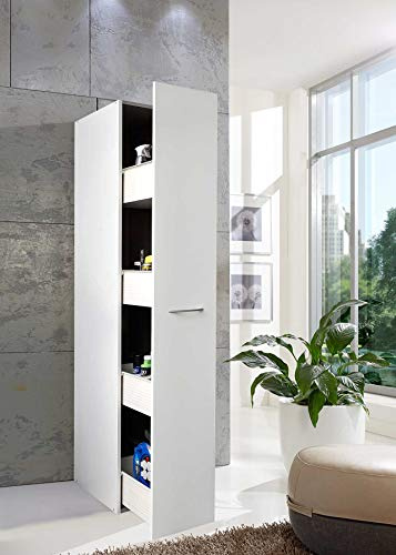 lifestyle4living | Moderner Apothekerschrank Weiß mit Auszug | 54 cm Tiefe | 4 Einteilungen | Hochschrank 185 cm Höhe