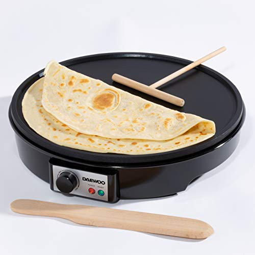 Daewoo Electric Pancake & Crepe Maker / 12 Non-Stick Hot Plate With Raised Edges For Reduced Mess/Adjustable Temperature/Wooden Spreader & Spatula Included / 1000W