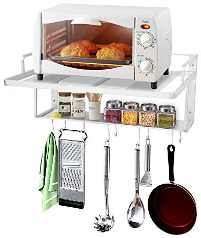 Cocoarm Microwave Shelf Wall Mounted, Space Aluminum 2-Tier Microwave Rack with Hooks and Guardrail, Anti-Drop Storage Shelf for Microwave, Oven, Spices, Kitchen Utensils