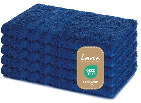 Lavea® 5er Set Gästehandtücher 30x50 cm, Weiche & Saugstarke Gästetücher aus 100% Baumwolle, Frottierserie Elena, Waschbar 60°C, Trocknergeeignet - Royalblau