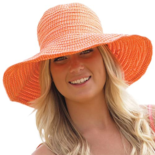 House of Ord Cape Town Scrunchie Sonnenhut Damen Breite Krempe Faltbarer Schlapphut Damen UV Schutz - 3 Farben in Größe M - Größe: M/L: 58 cm Farbe: Orange/Weiß