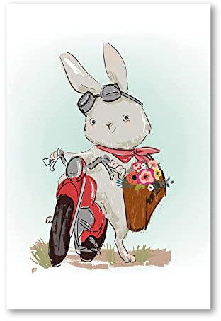 Postereck - 3996 - Kinderzimmer, Hase Roller Blumen Tier Süss - Kinder Kinderzimmer Kinderbild Wandposter Fotoposter Bilder Wandbild Wandbilder - Leinwand - 60,0 cm x 40,0 cm