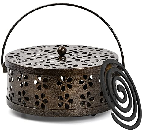 Moskito Spulenhalter, Räucherstäbchenhalter,Metall Sandelholz Halter,Mückenspirale Behälter mit Griffdeckel,Klassisch Design Tragbar Metallisch für Zuhause, Camping, Reisen-Bronze