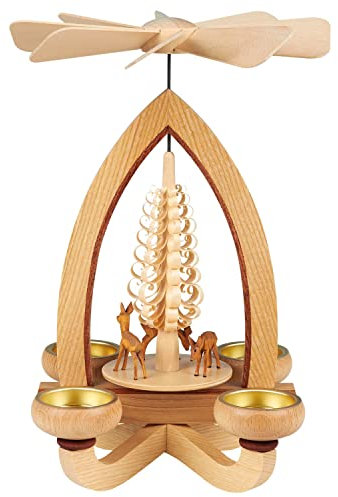 Seiffener Volkskunst | Erzgebirgische Teelichtpyramide klassisch | 28 cm Weihnachtspyramide | traditionelle Volkskunst aus dem Erzgebirge | Rehe