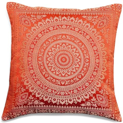 Original Kikan Copricuscino indiano patchwork mandala sari in seta etnica Banarsi mandala 40,6 x 40,6 cm (arancione)