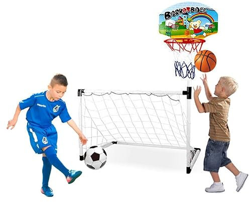 Sobebear 99CM Kid Football Goal Post and Wall Mount Basketball Hoop Set, Portable Soccer Basketball Training Set, Indoor Outdoor Sports Practice Activity Game for Toddlers Ages 3+