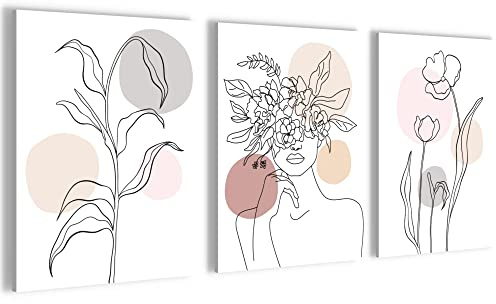 Novart Wandbilder Set Abstrakt - KOMPLETT AUFHÄNGFERTIG - Wohnzimmer Schlafzimmer Deko - 3 Moderne Bilder Blumen Boho - N023635a